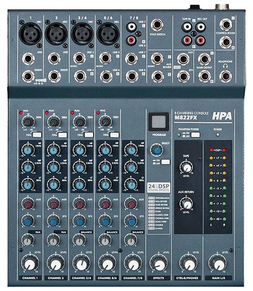 HPA M822FX Analogue Mixing Desk Mixer 5-channel, 8-input, integrated Effects 100 presets. AUX 1 and a return (stereo)