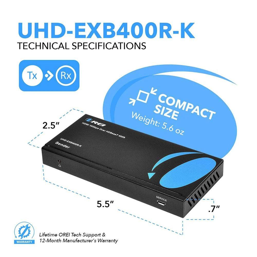 OREI UHD-EXB400R-K: 4K HDMI EXTENDER WITH HDBASET OVER CAT 6/7 UP TO 400 FEET WITH IR CONTROL AND LOOP OUT - DECIBEL JORDAN