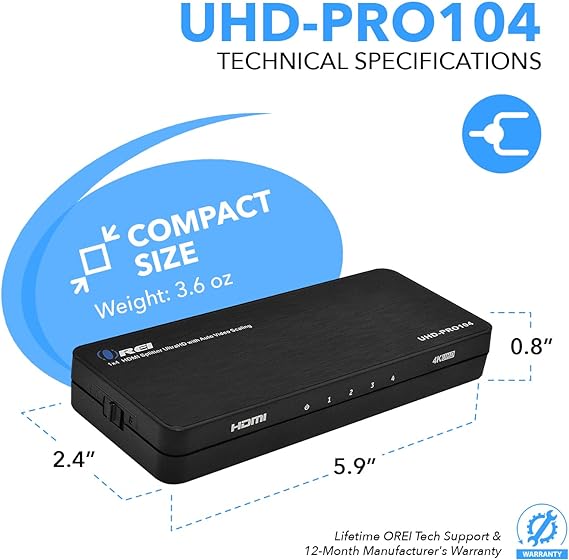 OREI 4K HDMI Splitter 1 in 4 out Duplicate / Mirror 4K Screens w/ Down Scaler 4 Ports Upto 4K@60Hz 1080p & 3D Supports EDID Control, UHD-PRO104