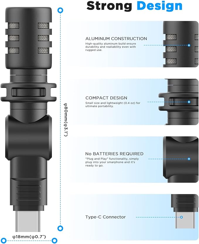 BOYA BY-M100UC Mini USB C Microphone Plug&Play Lapel Mic with Type-C Connector for Android Smartphone Latop OSM Action2/3 YouTube/Vlog/Interview