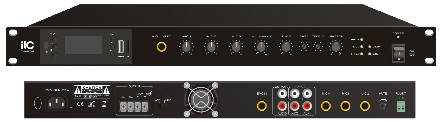 T-60DTB/ T-120DTB/ T-240DTB/ T-350DTB/ T-500DTB/ T-650DTB Digital Mixer Amplifier with MP3/Tuner/Bluetooth (Phone Jack Mic Input) - DECIBEL JORDAN