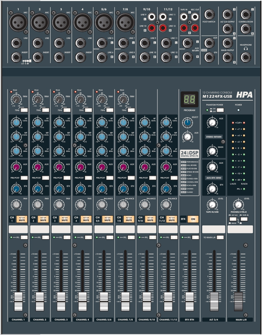 HPA M1224FX-USB Analogue Mixing Desk 8-channel Mixing Console with 100 effects presets, USB Hand Out