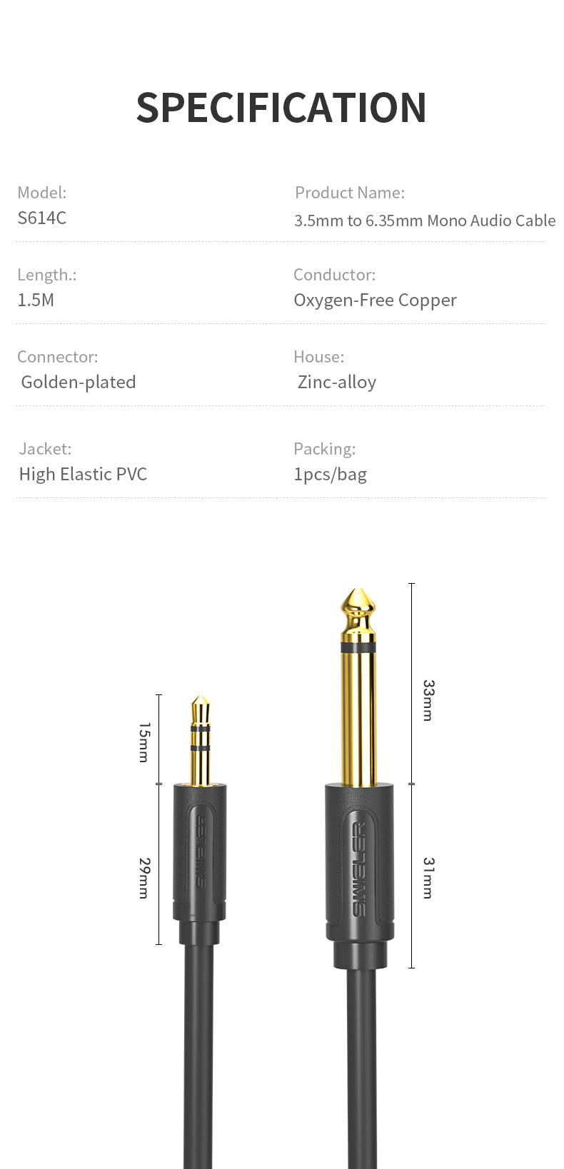 S614C 3.5mm TS to 6.35mm TS AUDIO CABLE