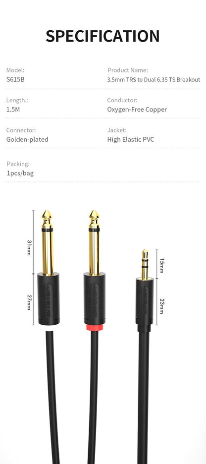 S615B 3.5mm TRS to DUAL 6.35mm TS STEREO BREATOUT CABLE - DECIBEL JORDAN