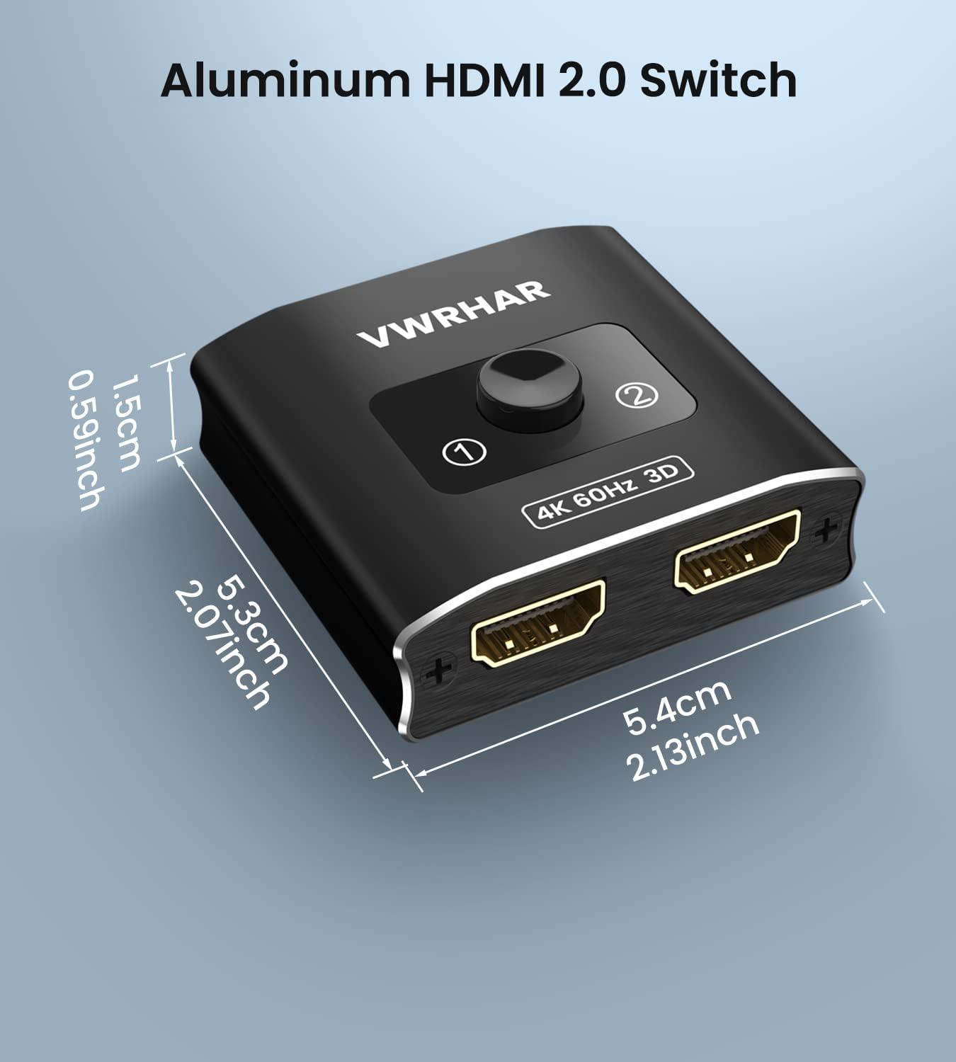 VWRHAR HDMI Switch Splitter 4K@60hz, Aluminum HDMI 2.0 Switcher 2 in 1 Out, HDMI Splitter 1 in 2 Out, Bi-Directional Switch Support 4K 3D HDR for Xbox PS5/4/3 Blu-Ray Player Fire Stick Roku HDTV - DECIBEL JORDAN